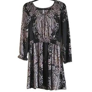 Exhilaration Stunning black and flower pattern dress long sleeve elastic Dress